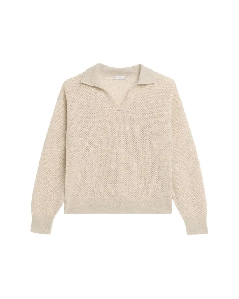 Brunello Cucinelli Shimmering Mohair Net Knit Polo Sweater