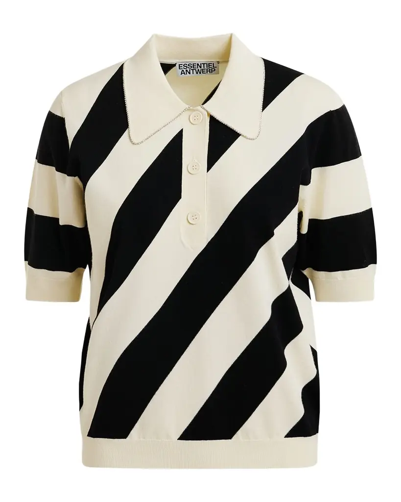 Essentiel Antwerp Joram Striped Knit Polo with Embellished Collar