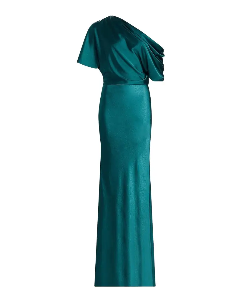 Amsale Draped Metallic Satin Faille One-Shoulder Gown