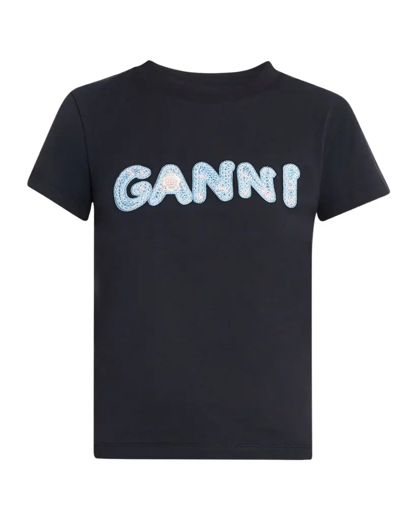 Ganni Logo Embroidered Cotton-Jersey Tee