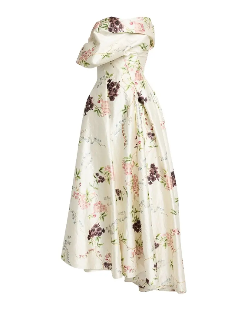 Erdem Strapless Floral-Print Textured Satin Gown