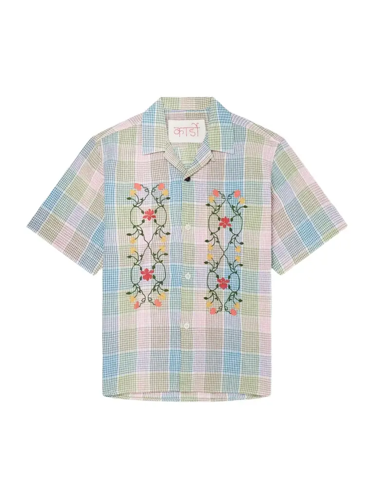 Kardo Ronen Camp-Collar Floral-Embroidered Checked Cotton and Linen-Blend Shirt - Men
