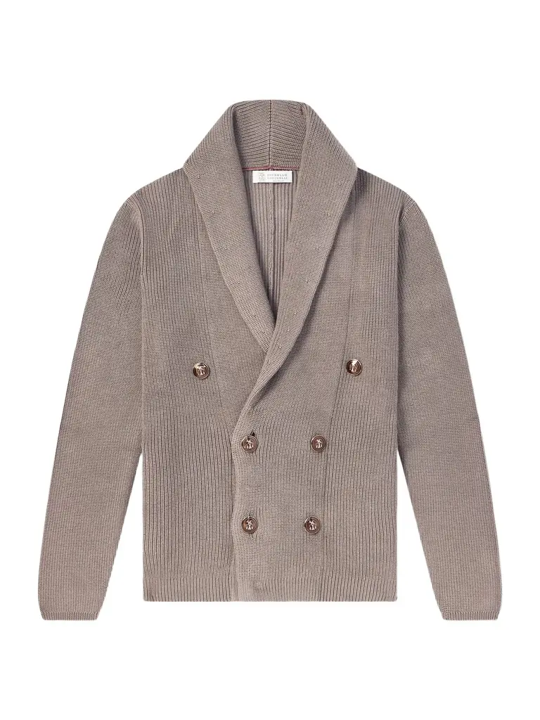 Brunello Cucinelli Shawl-Collar Double-Breasted Ribbed Cotton Cardigan - Men