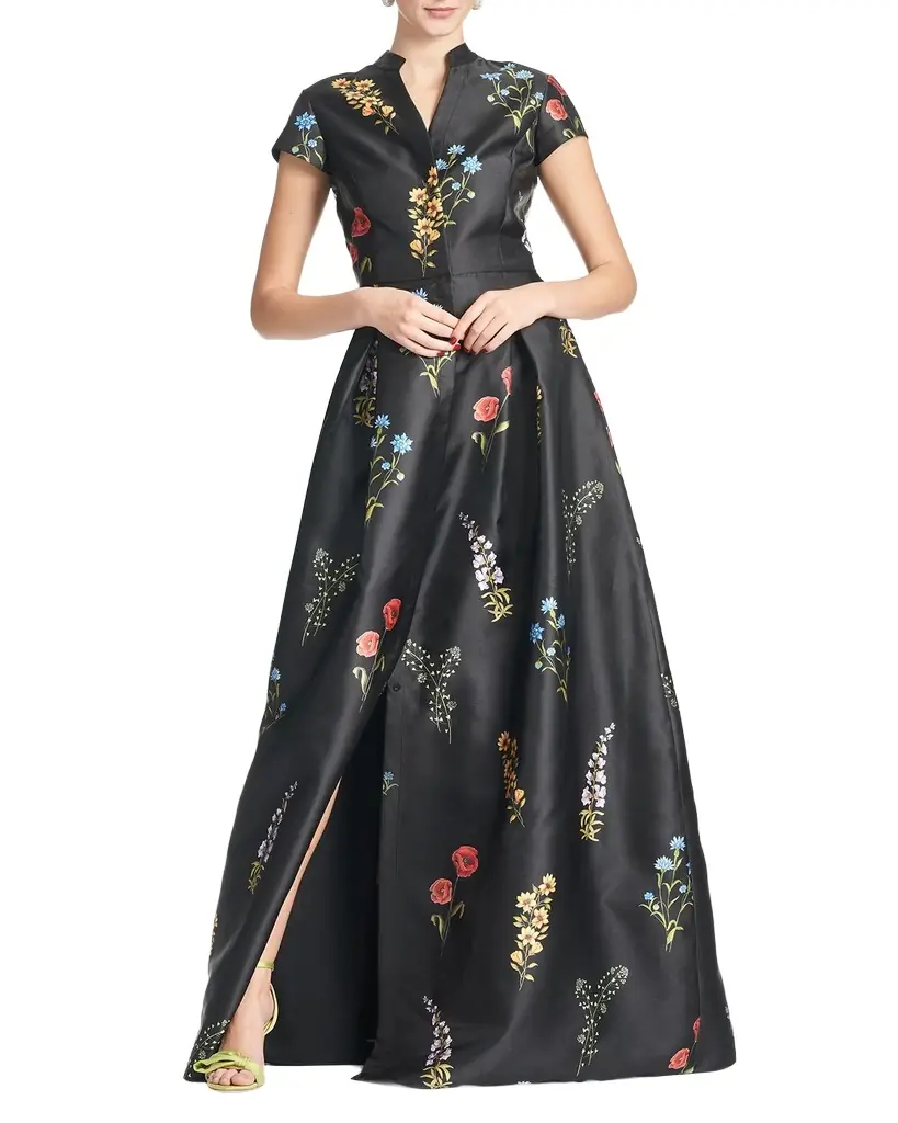 SACHIN & BABI Marta Pleated Floral-Print A-Line Gown