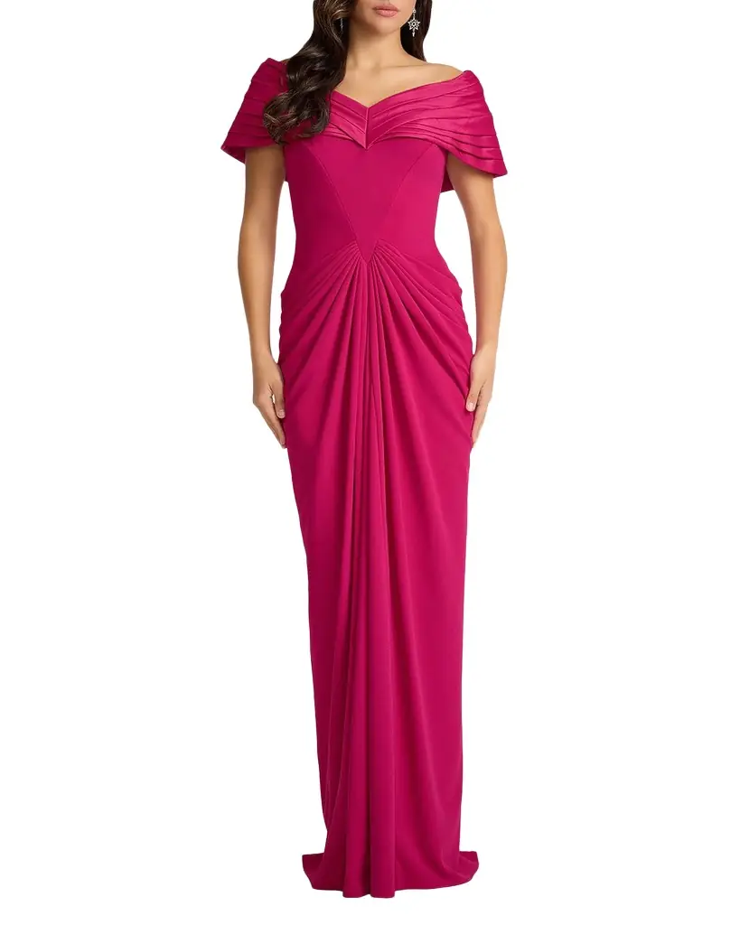 Tadashi Shoji Pleated Off-Shoulder Taffeta & Crepe Gown