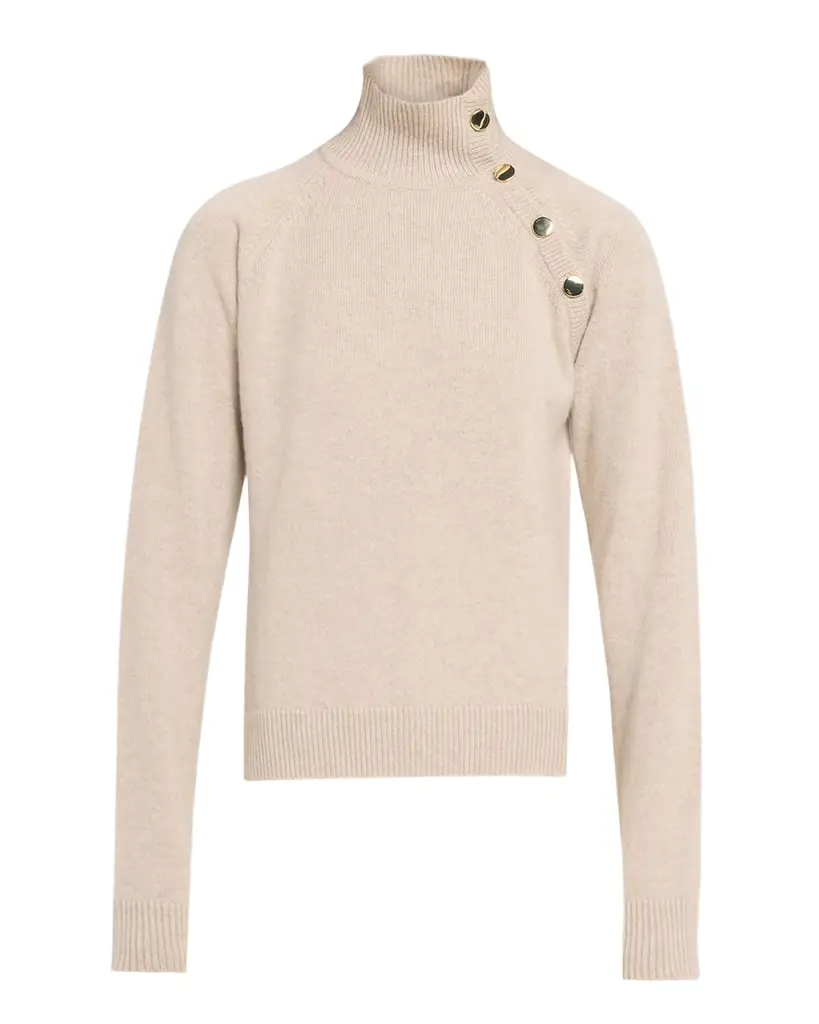 Max Mara Button-Shoulder Cashmere Turtleneck Sweater