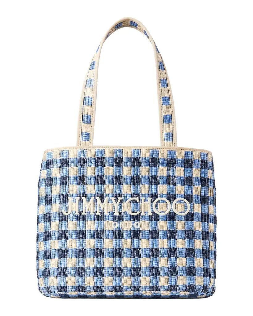 Jimmy Choo Embroidered Gingham Raffia Small Beach Tote Bag