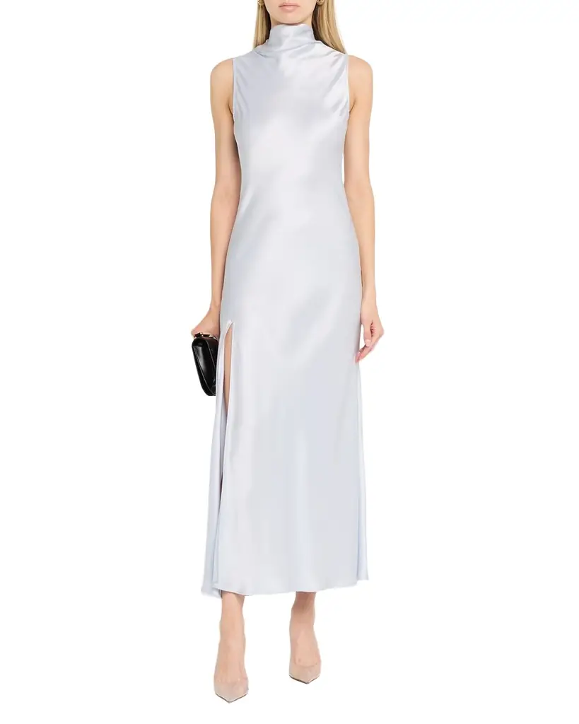 LAPOINTE Sleeveless Draped-Neck Satin Slit Midi Dress