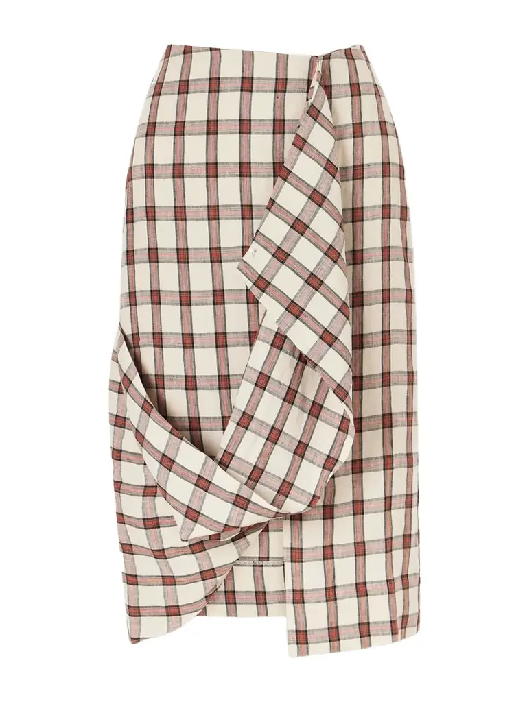 RÓHE Draped Checked Linen Midi Skirt