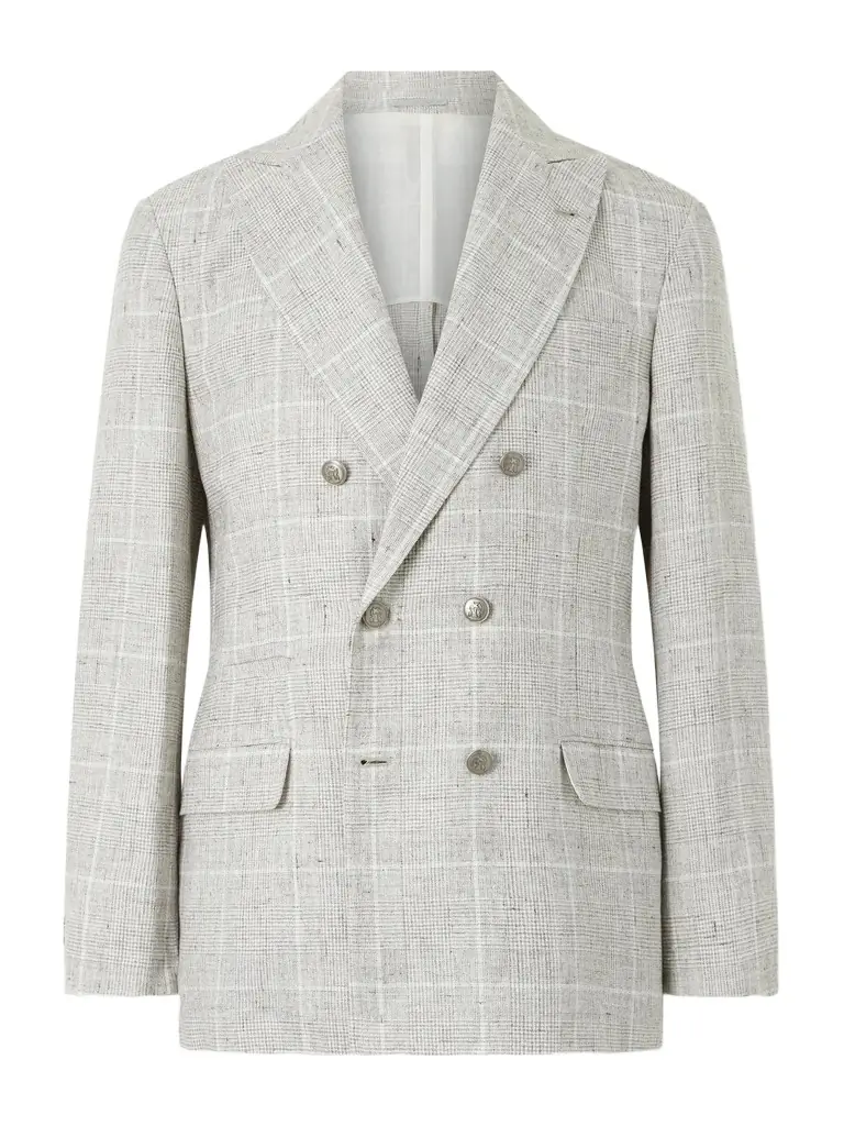 Brunello Cucinelli Double-Breasted Checked Linen-Blend Suit Jacket - Men