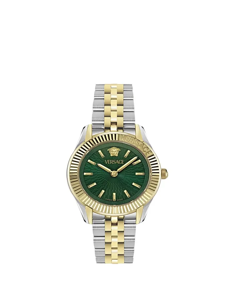 Versace 30mm Greca Time Watch with Bracelet Strap, Two Tone/Green