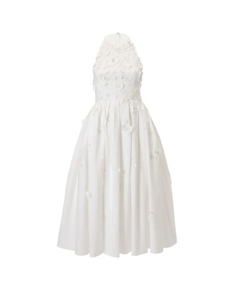 Carolina Herrera Floral Applique Cotton Halter Midi Dress