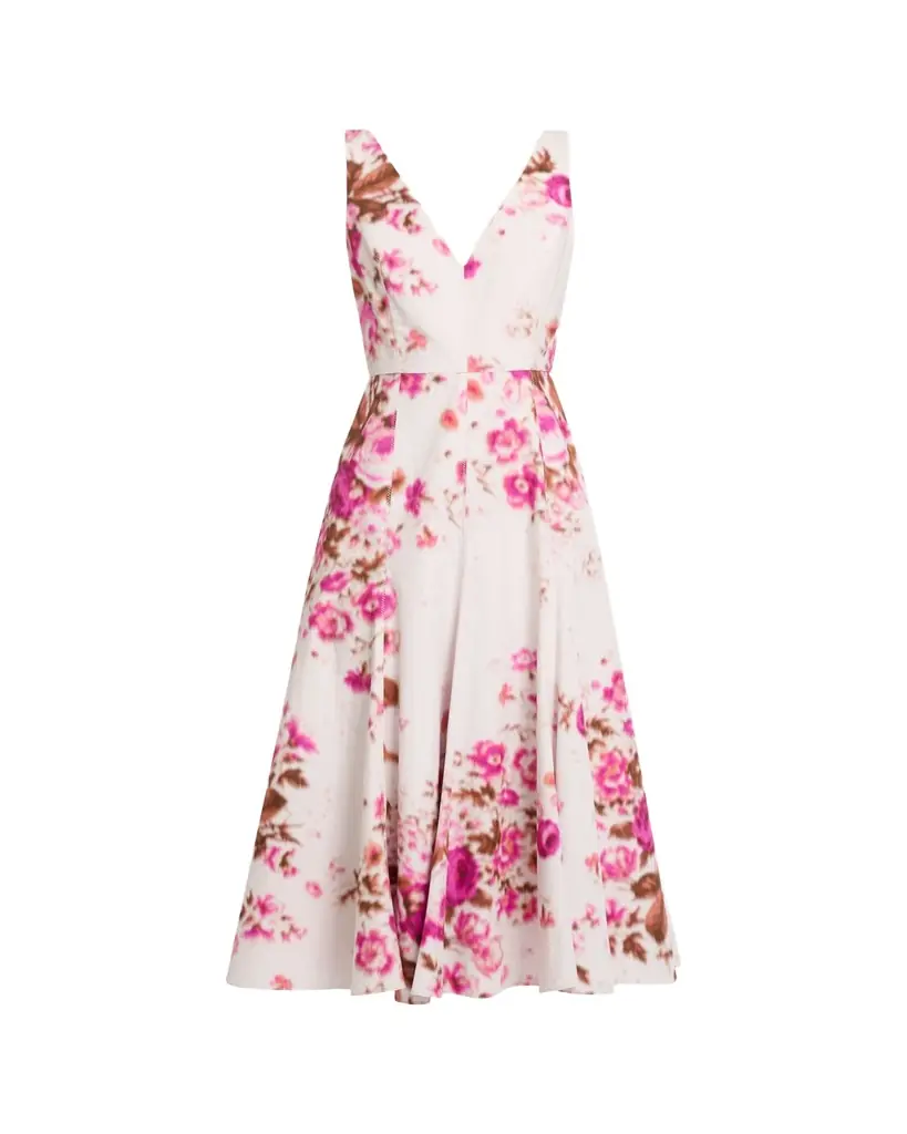 Erdem Floral Print Cotton Sleeveless V-Neck Midi Dress