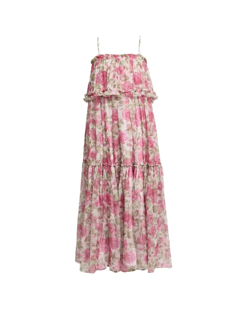 Chloe Rose Silk Chiffon Ruffle Tiered Maxi Dress