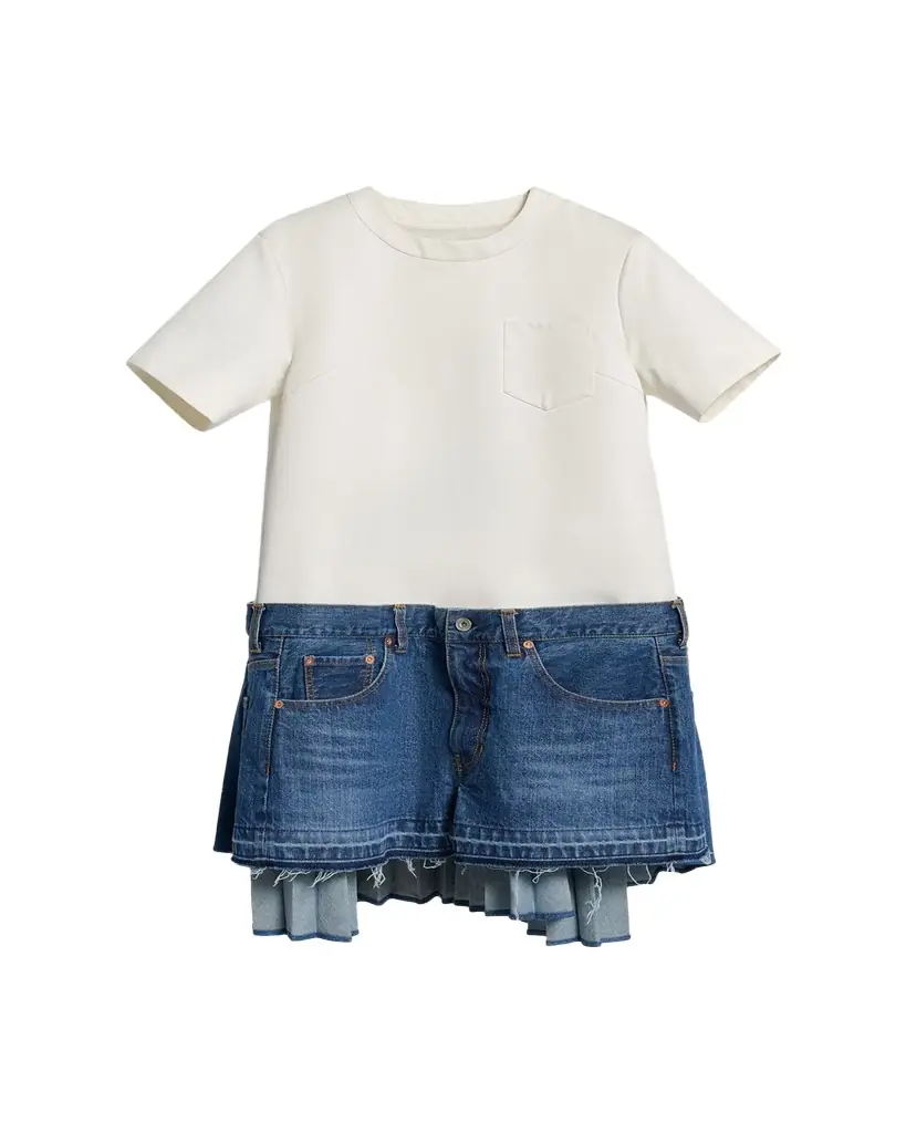 SACAI Mixed-Media Denim Mini T-Shirt Dress