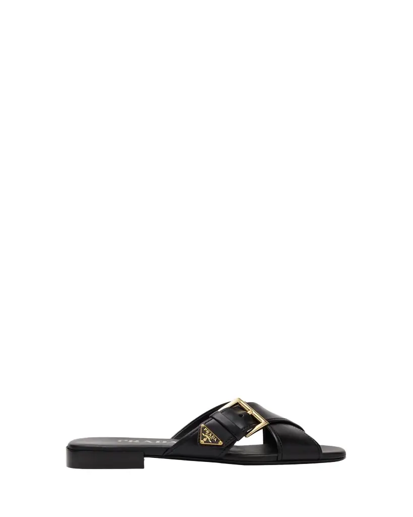 Prada Triangle Logo Buckle Leather Slide Sandals