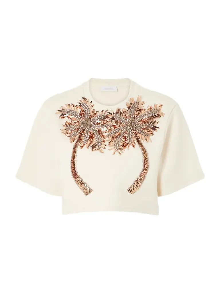 Rabanne Cropped Crystal-embellished Embroidered Jersey T-shirt