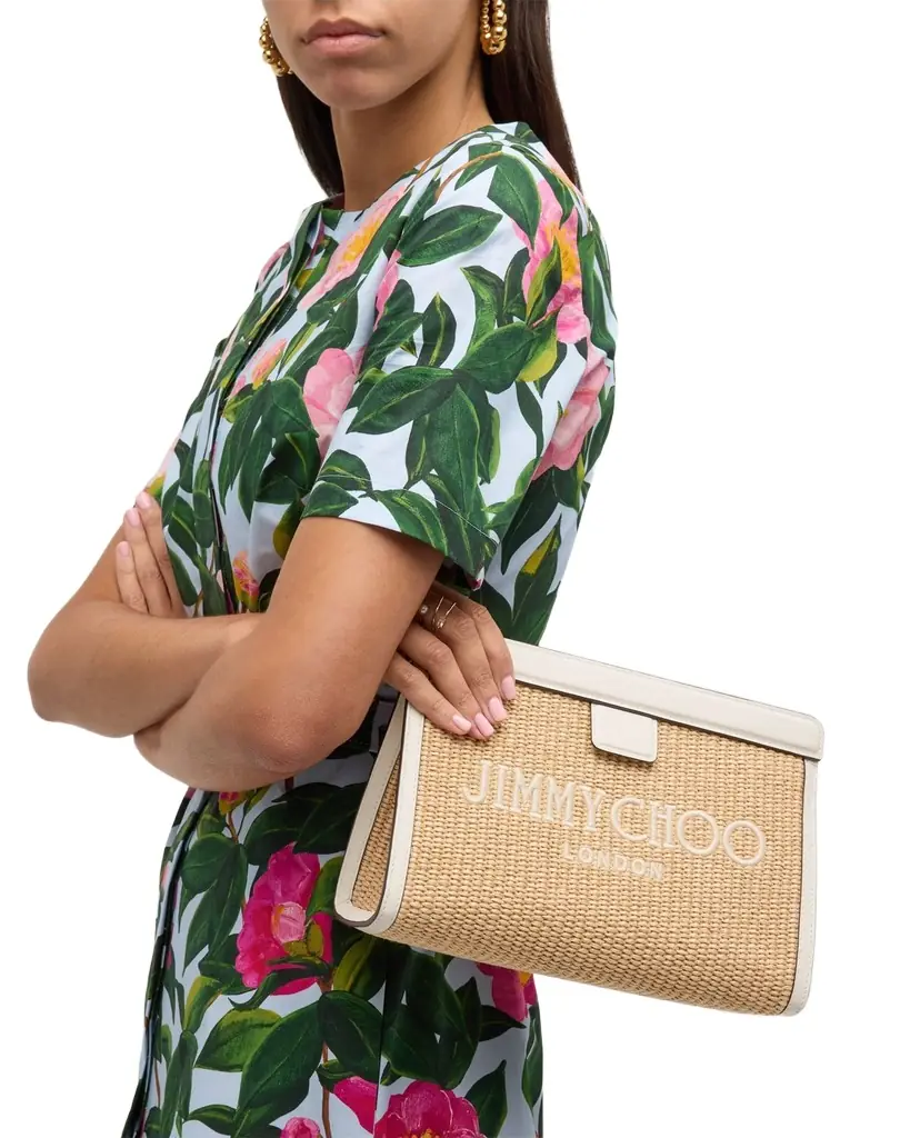 Jimmy Choo Avenue Logo Raffia Clutch Bag