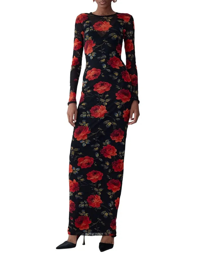 Carolina Herrera Rose-Print Mesh Long-Sleeve Maxi Dress