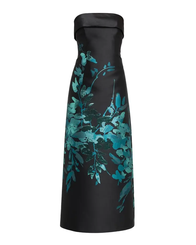 Aidan Mattox Strapless Metallic Botanical Jacquard Maxi Dress