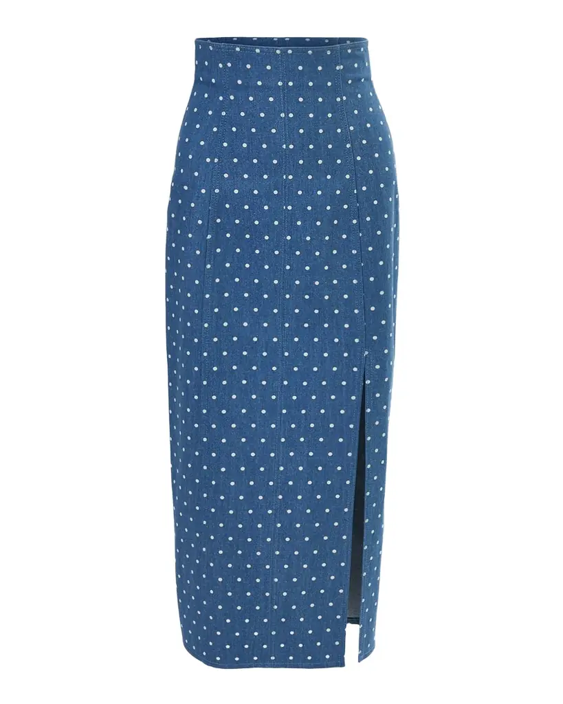 Carolina Herrera Polka-Dot Denim Slit Midi Skirt