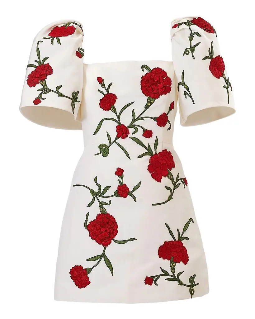 Carolina Herrera Carnation Embroidered Bell-Sleeve Mini Dress