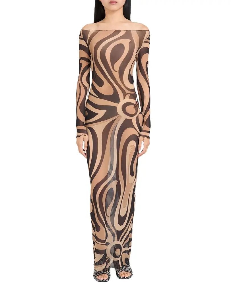 Pucci Marmo Tulle Long-Sleeve Maxi Dress