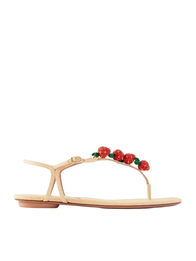 Aquazzura Fragolina Sugar Embellished Raffia-effect Flat Sandals