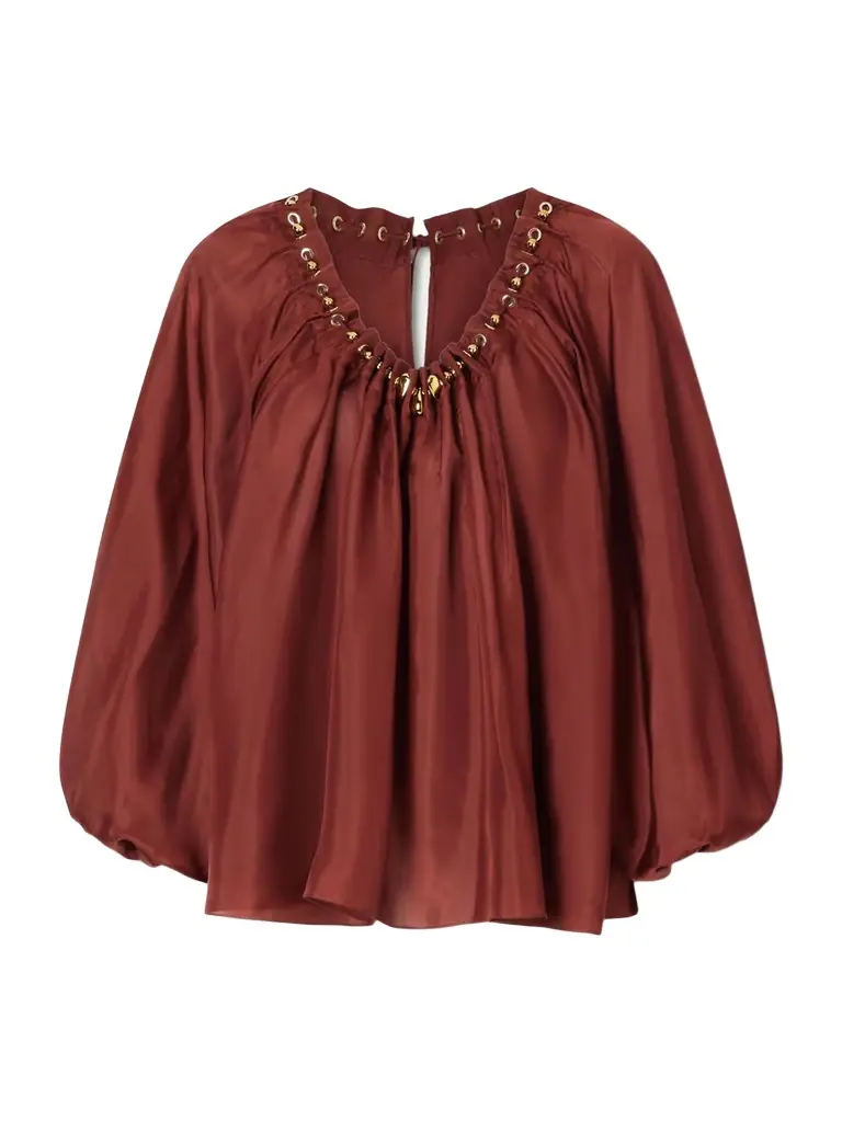 Zimmermann Aster Gathered Beaded Silk-satin Blouse