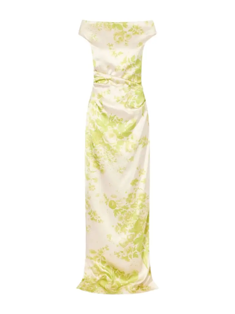 Erdem Off-the-shoulder Pleated Floral-print Duchesse-satin Gown
