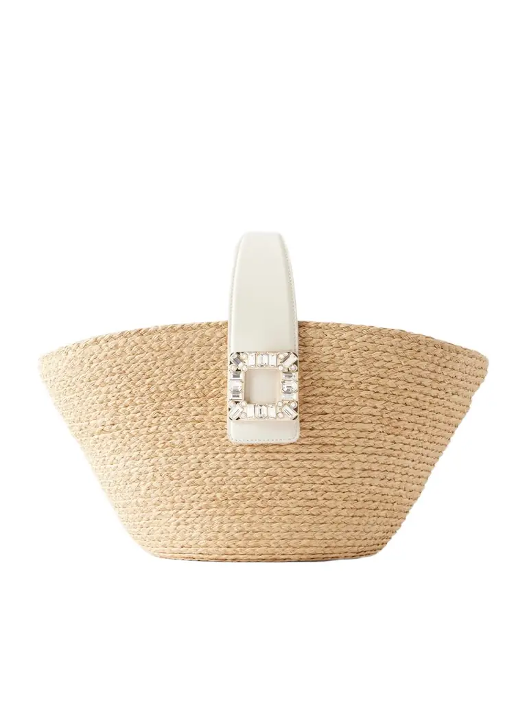 Roger Vivier Embellished Leather-trimmed Raffia-effect Tote Bag - Women's Bags