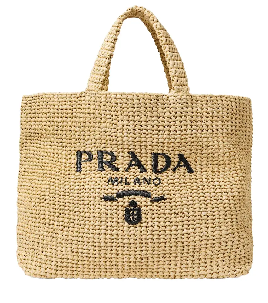Prada Medium logo raffia tote