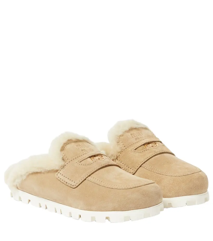 Miu Miu Shearling-lined suede slippers