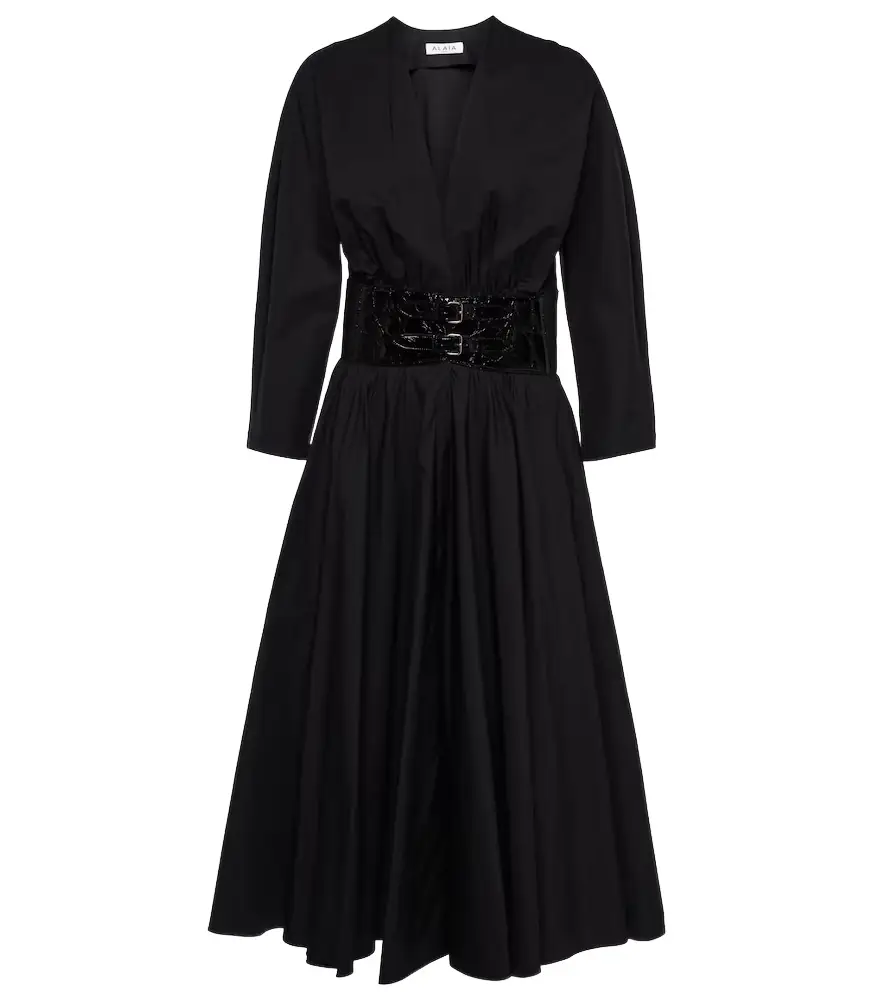 Alaia Alaïa Leather-trimmed cotton midi dress