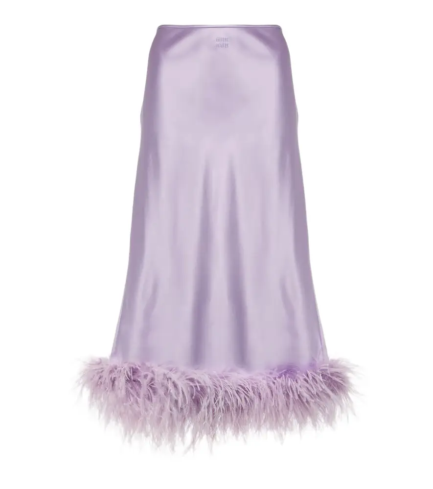 Miu Miu Feather-trimmed satin midi skirt