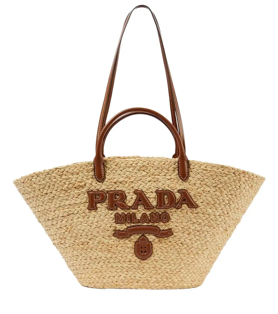 Prada Large leather-trimmed raffia basket bag