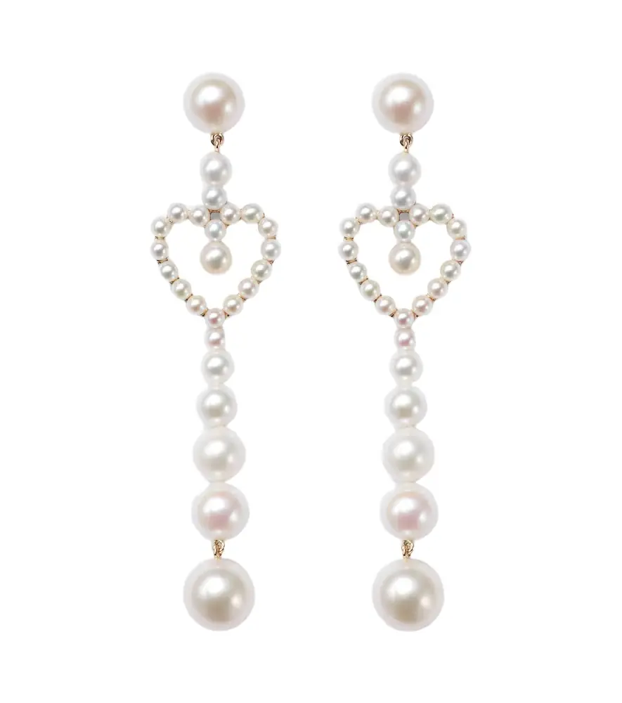 Sophie Bille Brahe Pearl Heart 14kt gold drop earrings with freshwater pearls
