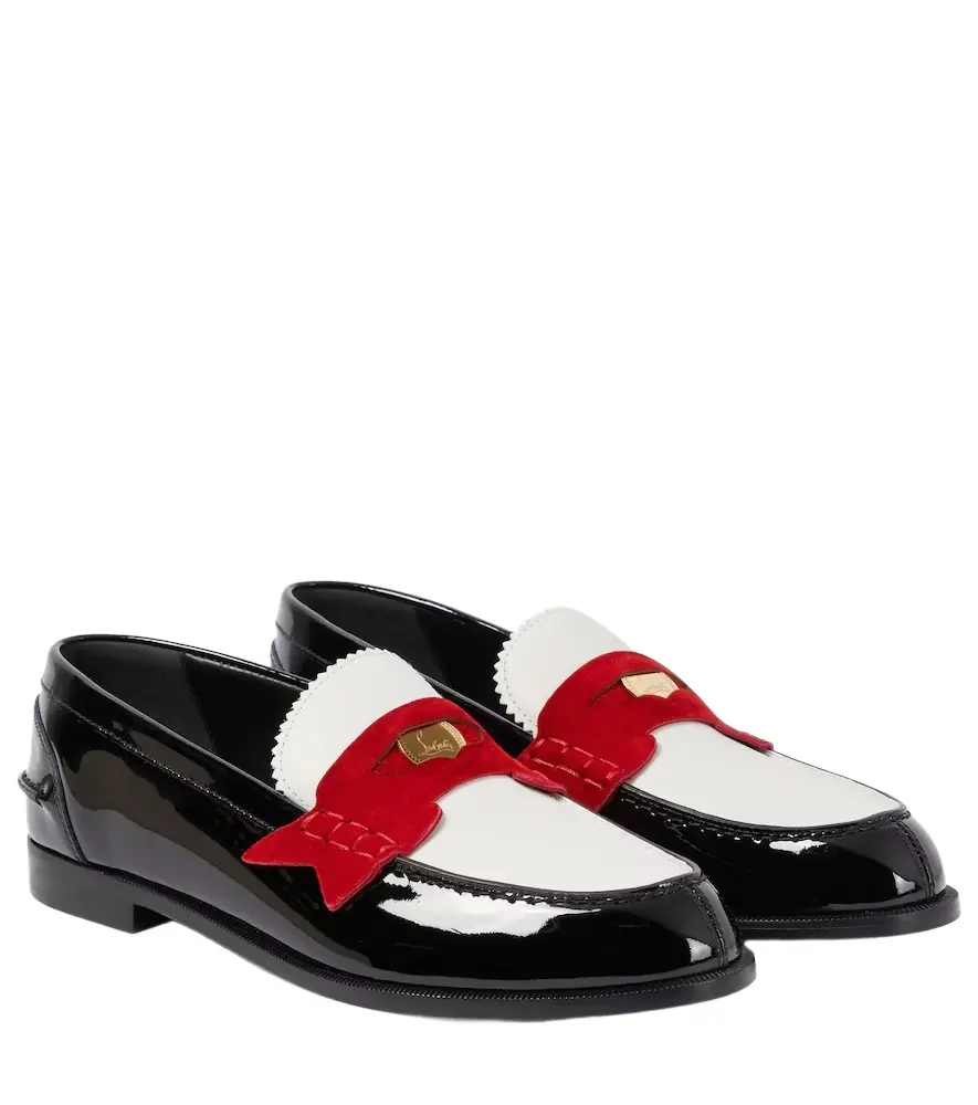 Christian Louboutin Penny suede-trimmed patent leather penny loafers
