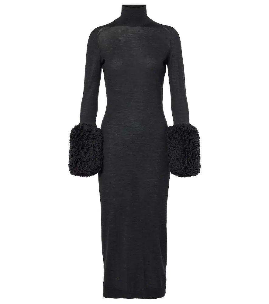 Alaia Alaïa Faux shearling-trimmed virgin wool midi dress