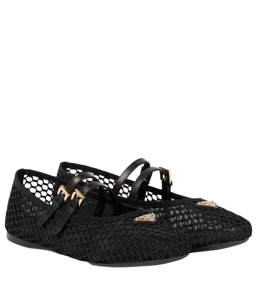 Prada Logo leather-trimmed mesh ballet flats