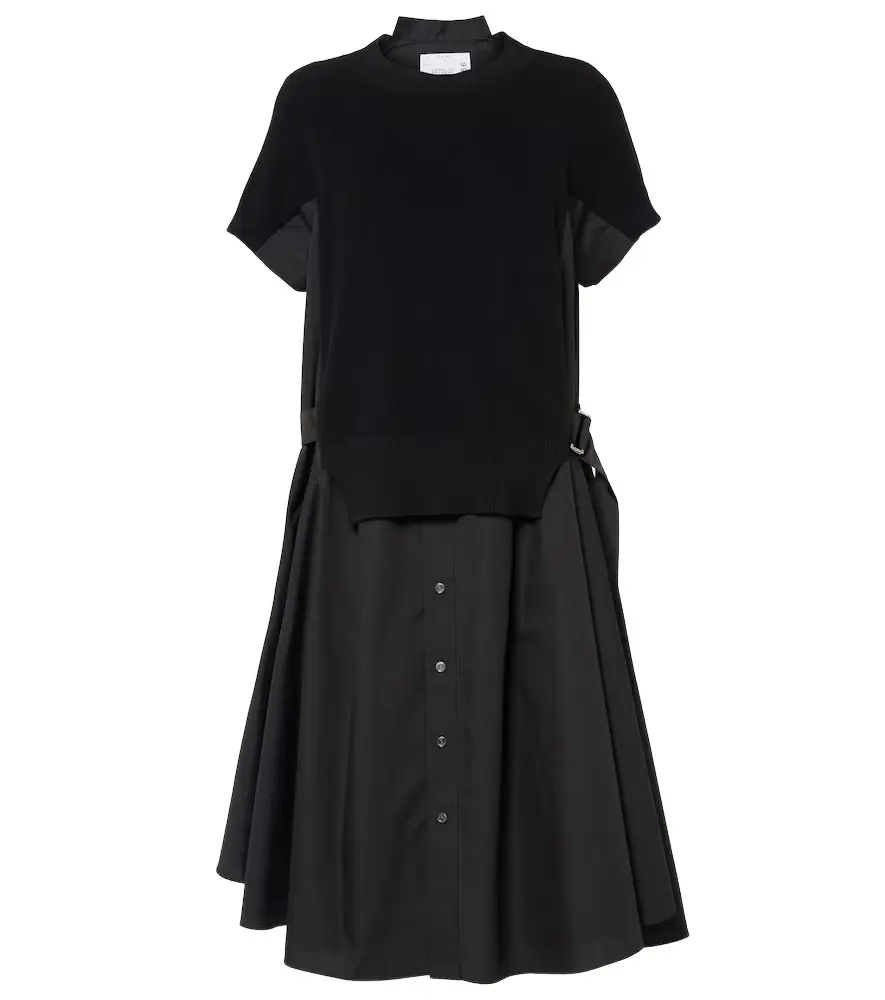 Sacai Striped jersey and poplin shirt dress