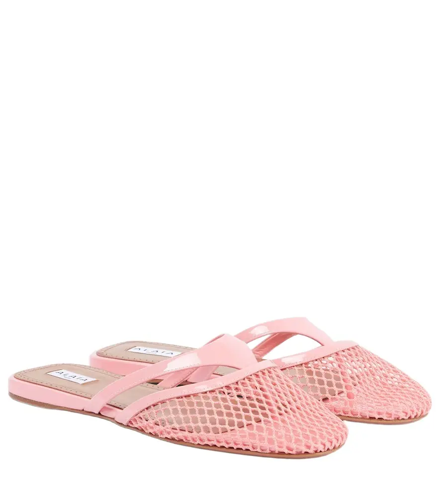 Alaia Alaïa Patent leather-trimmed fishnet mules