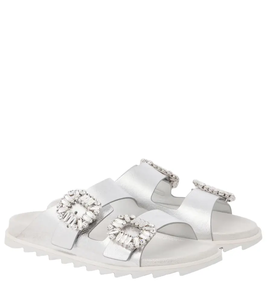 Roger Vivier Crystal-embellished metallic leather slides