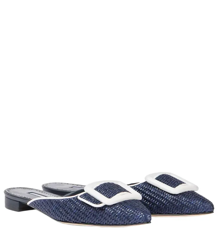 Manolo Blahnik Maysale leather-trimmed raffia mules