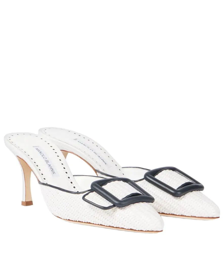 Manolo Blahnik Maysale 70 leather-trimmed raffia mules