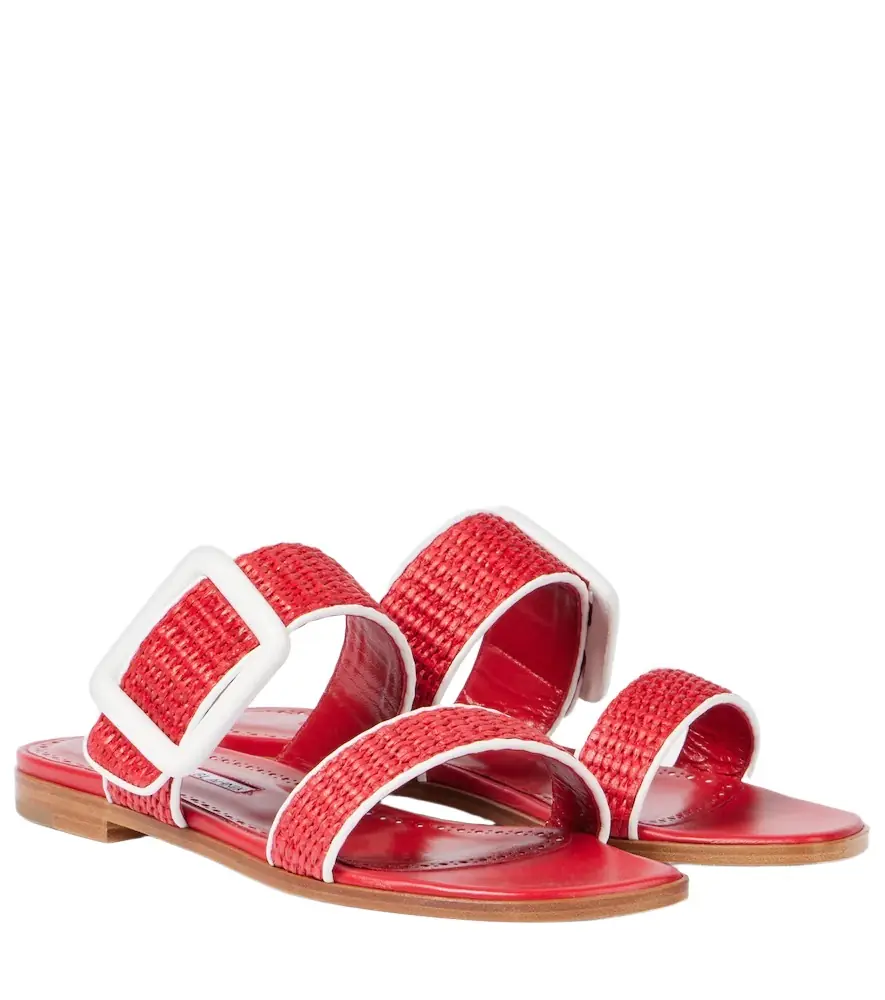 Manolo Blahnik Tituba leather-trimmed raffia sandals