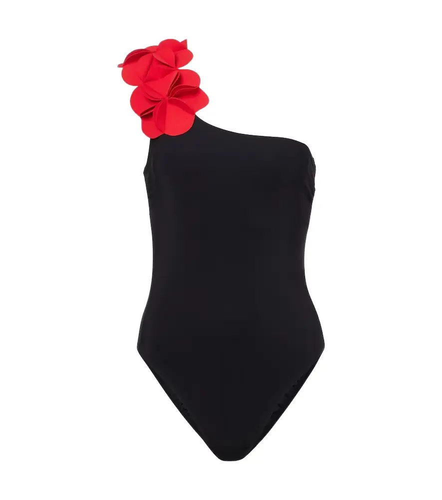 Karla Colletto Tess floral-appliqué one-shoulder swimsuit
