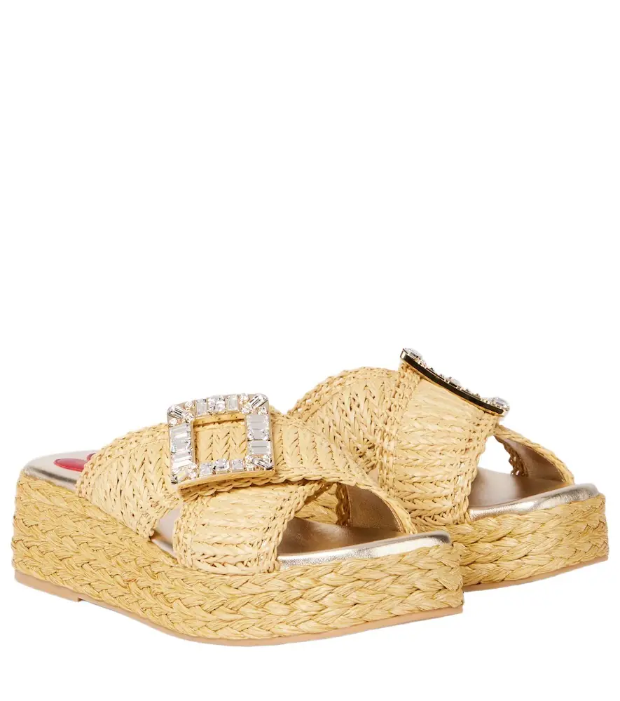 Roger Vivier Embellished raffia espadrille slides