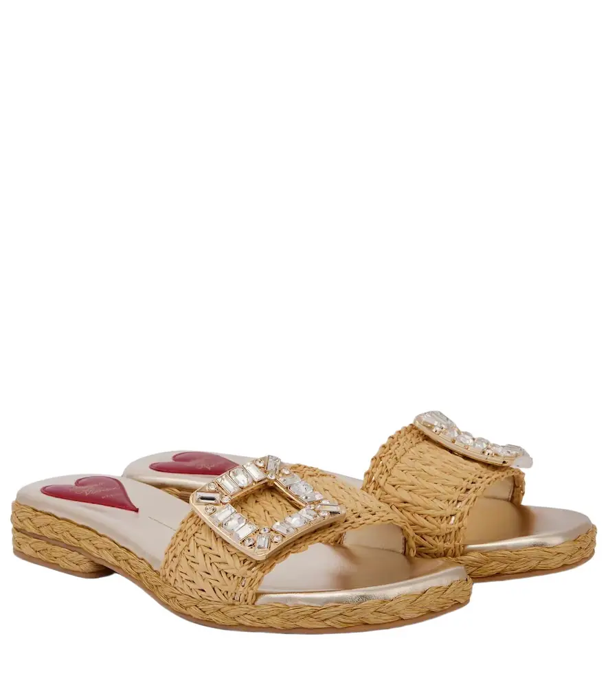 Roger Vivier Crystal-embellished raffia mules