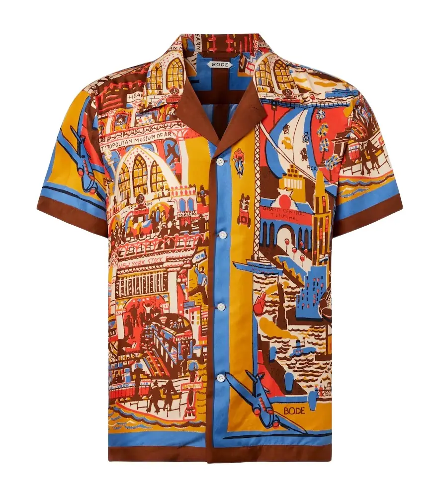 Bode Manhattan Island printed silk bowling shirt